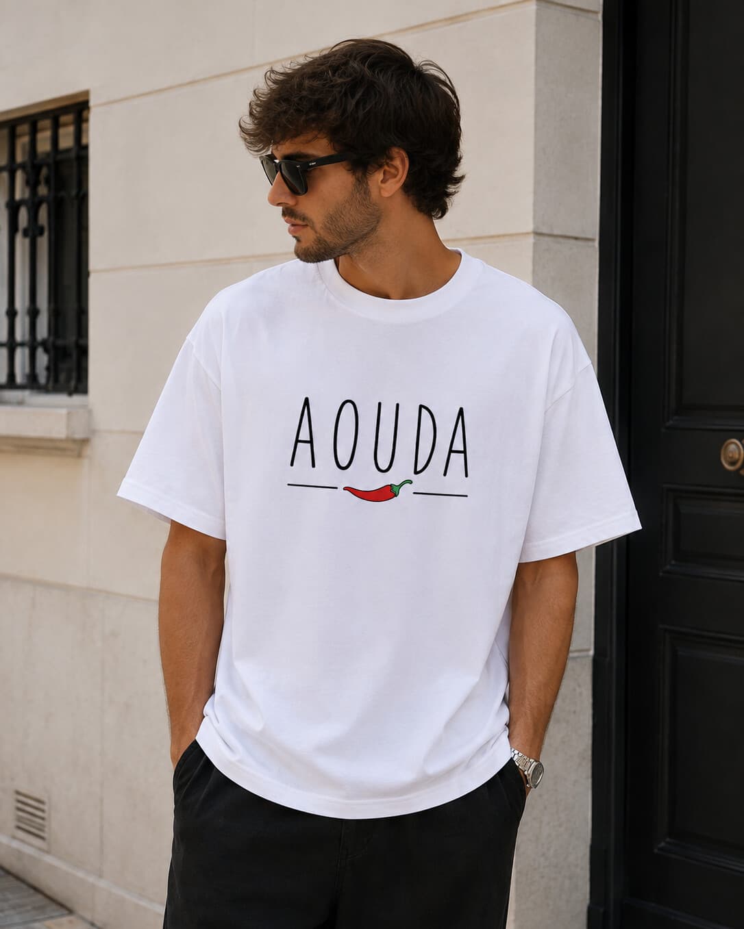 Homme portant le t-shirt col rond AOUDA blanc, wordmark et piment brodés